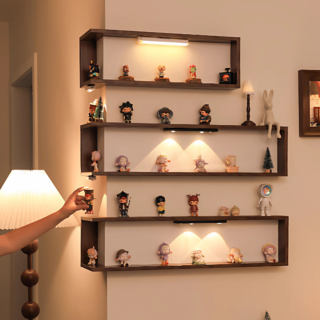 GT001 Solid Wood Living Room Corner Figure Display Shelf, Wall-Mounted Floating Decor Shelf in Walnut Finish