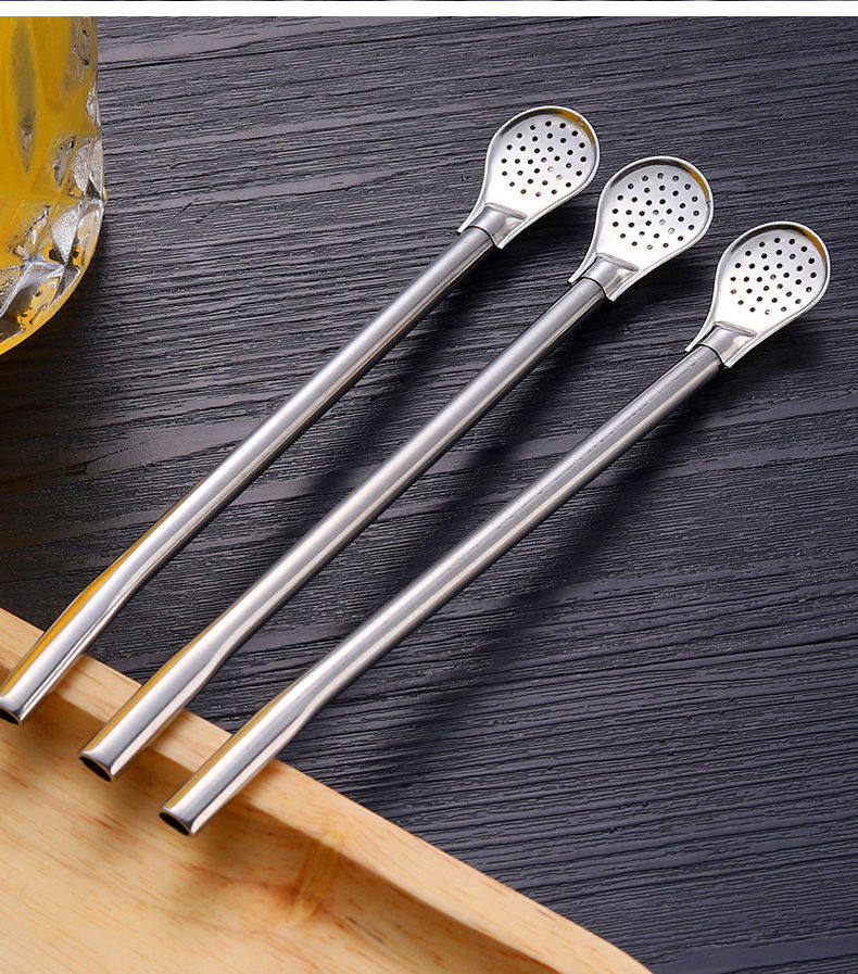 304 Stainless Steel Detachable Straw Spoon （8.6inch-Set of 4）Reusable Milk Tea Stirrer with Filter, Easy Clean Drinking Straw with Brush