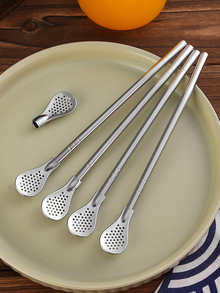 304 Stainless Steel Detachable Straw Spoon （8.6inch-Set of 4）Reusable Milk Tea Stirrer with Filter, Easy Clean Drinking Straw with Brush