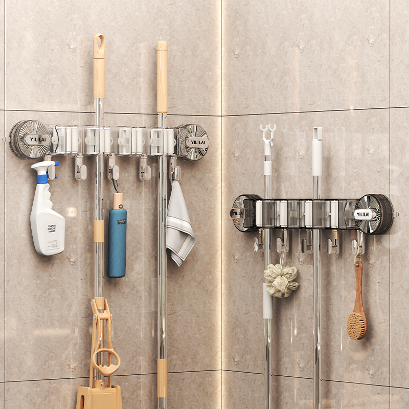 GT002 Strong Suction Cup Mop Holder, Wall-Mounted Bathroom Organizer with Hook