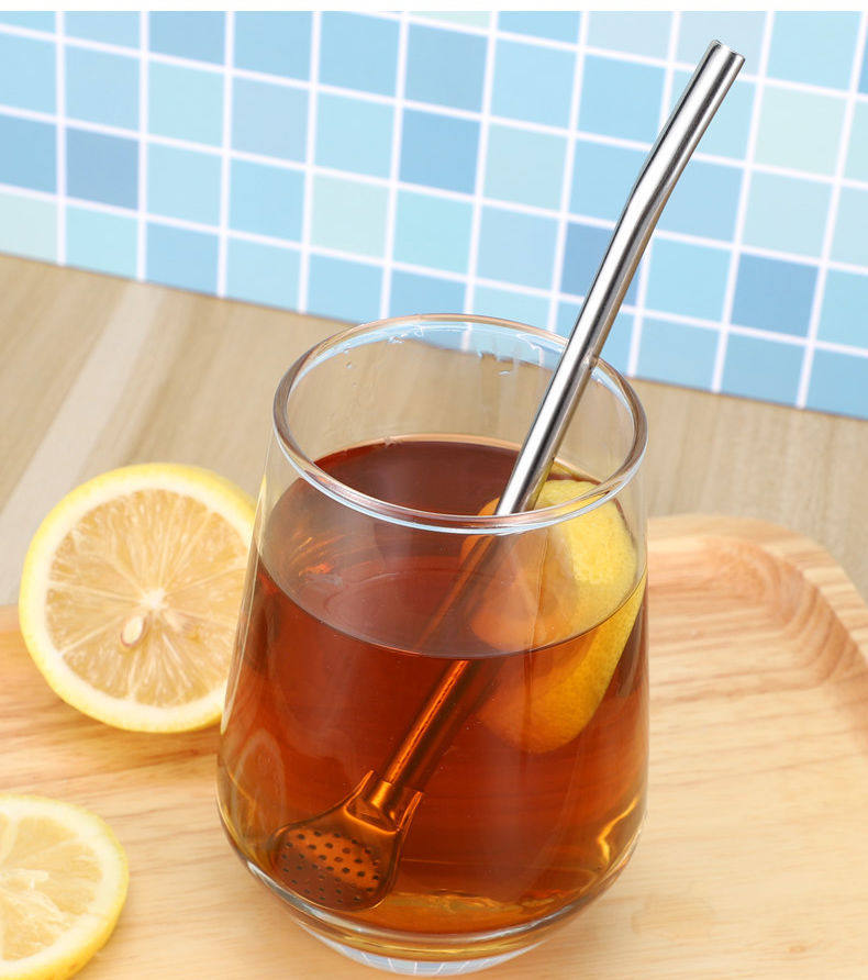 304 Stainless Steel Detachable Straw Spoon （8.6inch-Set of 4）Reusable Milk Tea Stirrer with Filter, Easy Clean Drinking Straw with Brush