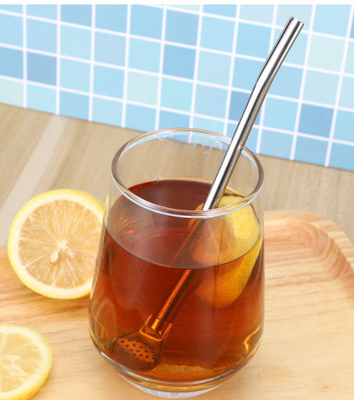 304 Stainless Steel Detachable Straw Spoon （8.6inch-Set of 4）Reusable Milk Tea Stirrer with Filter, Easy Clean Drinking Straw with Brush