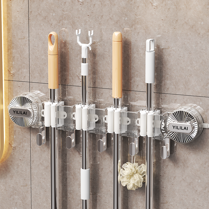 GT002 Strong Suction Cup Mop Holder, Wall-Mounted Bathroom Organizer with Hook