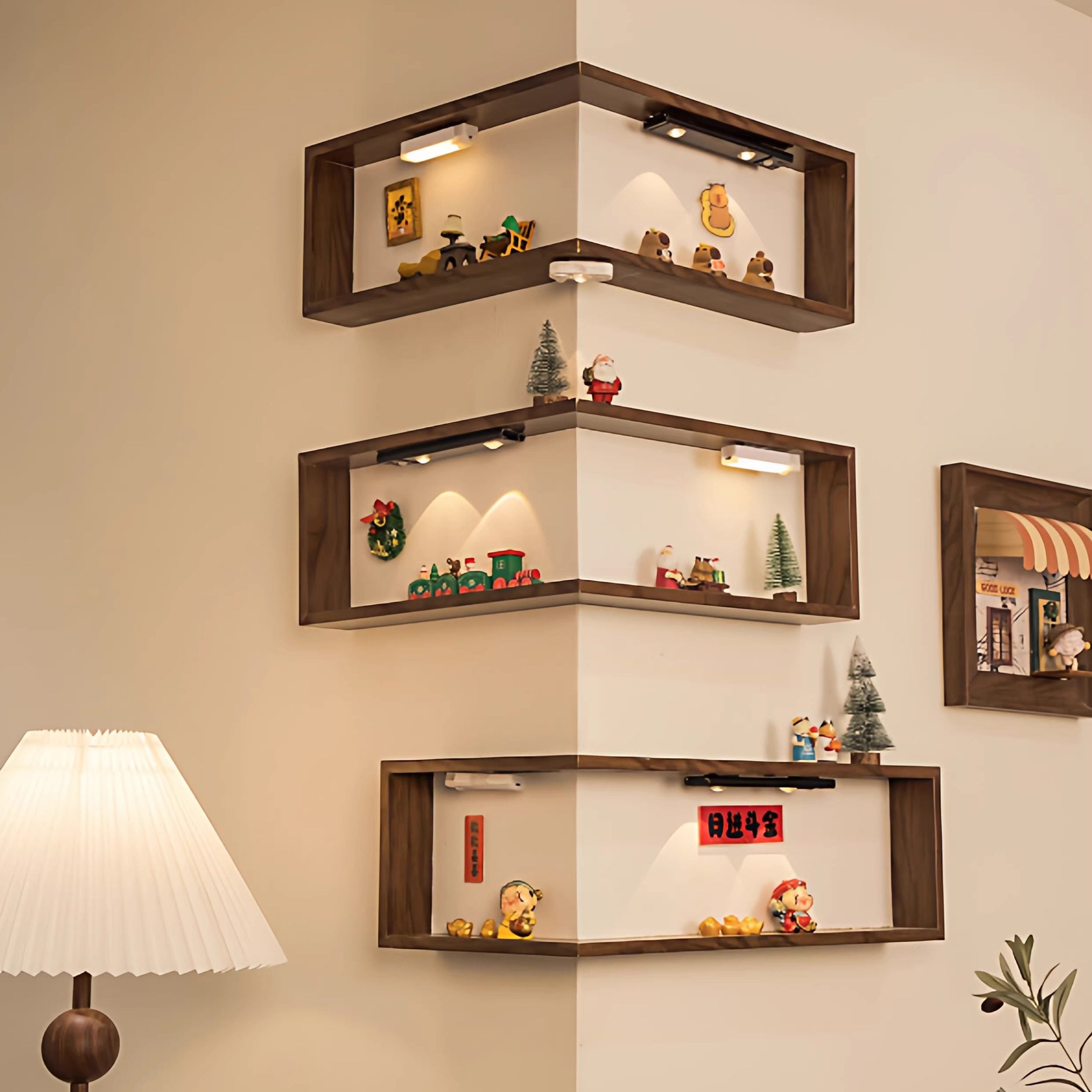 GT001 Solid Wood Living Room Corner Figure Display Shelf, Wall-Mounted Floating Decor Shelf in Walnut Finish