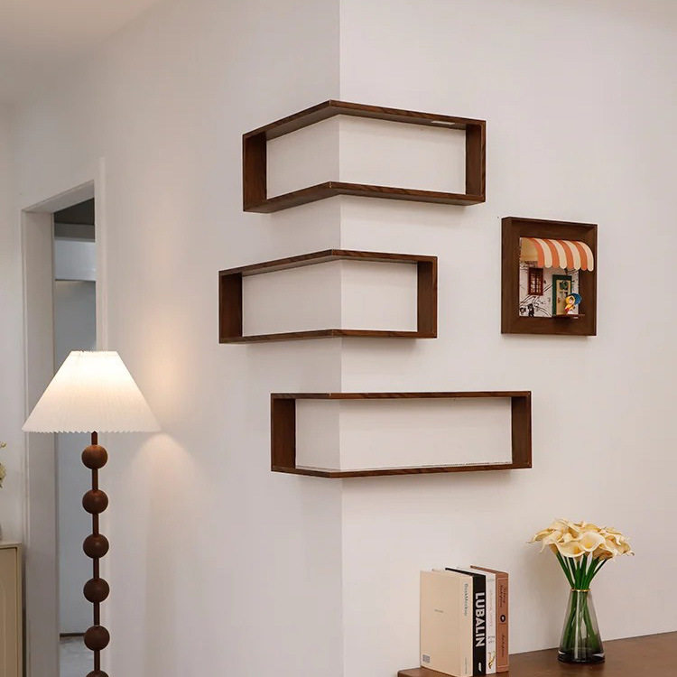 GT001 Solid Wood Living Room Corner Figure Display Shelf, Wall-Mounted Floating Decor Shelf in Walnut Finish